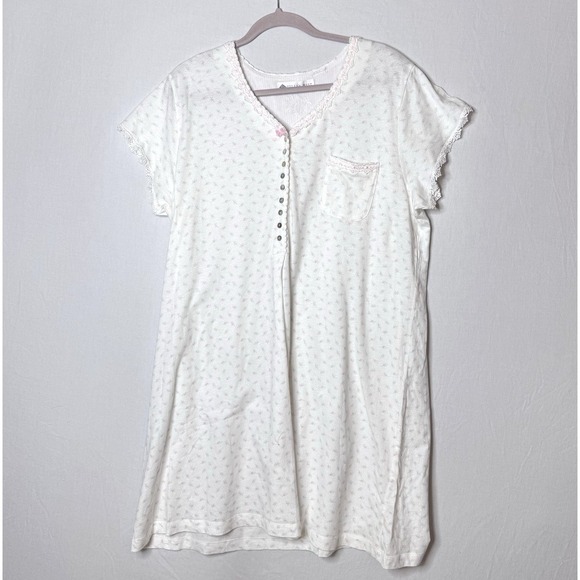 Eileen West Other - Eileen West Cotton Nightgown Sz L Floral Print Lace Trim Short Sleeve Soft READ